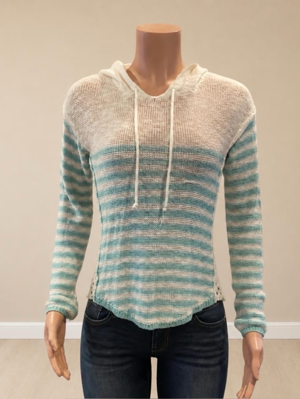 It's Our Time Blue White Striped Crochet Knit Hoodie Sweater Size Small Y2K